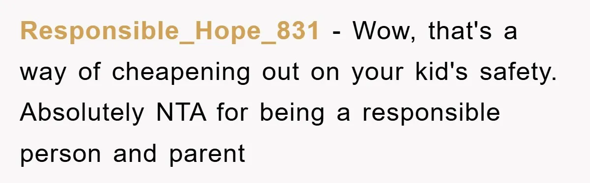 Responsible_Hope_831 − Wow, that's a way of cheapening out on your kid's safety. Absolutely NTA for being a responsible person and parent