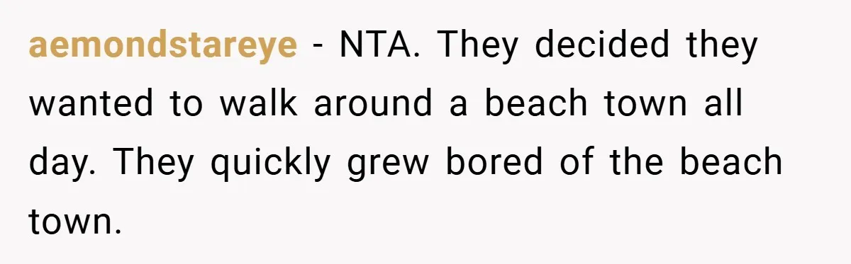 aemondstareye − NTA. They decided they wanted to walk around a beach town all day. They quickly grew bored of the beach town.