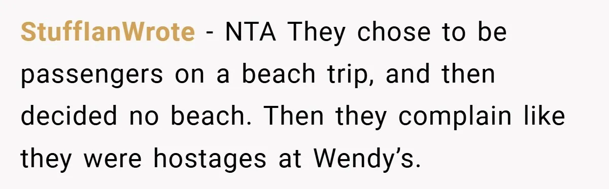 StuffIanWrote − NTA They chose to be passengers on a beach trip, and then decided no beach. Then they complain like they were hostages at Wendy’s.