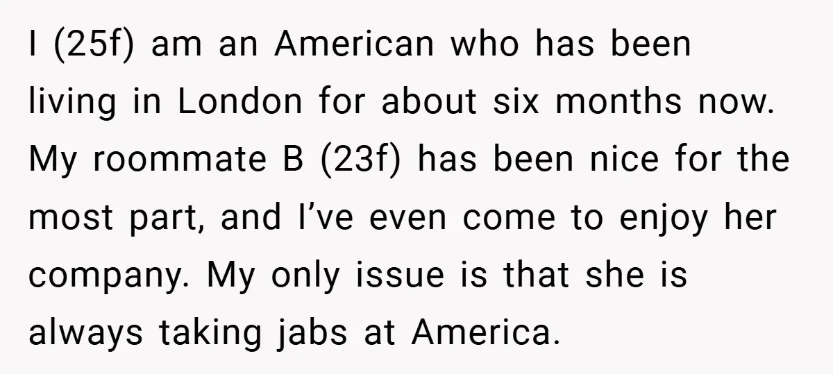 I (25f) am an American who has been living in London for about six months now. My roommate B (23f) has been nice for the most part, and I’ve even...