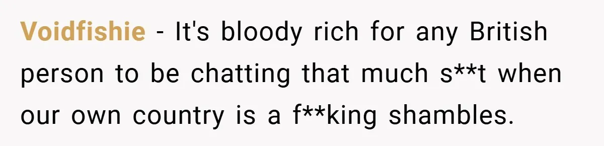 Voidfishie − It's bloody rich for any British person to be chatting that much s**t when our own country is a f**king shambles.