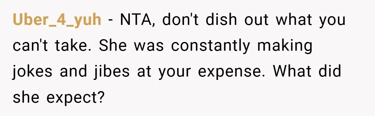 Uber_4_yuh − NTA, don't dish out what you can't take. She was constantly making jokes and jibes at your expense. What did she expect?
