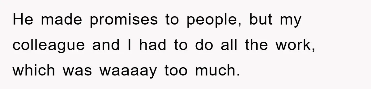 He made promises to people, but my colleague and I had to do all the work, which was waaaay too much.