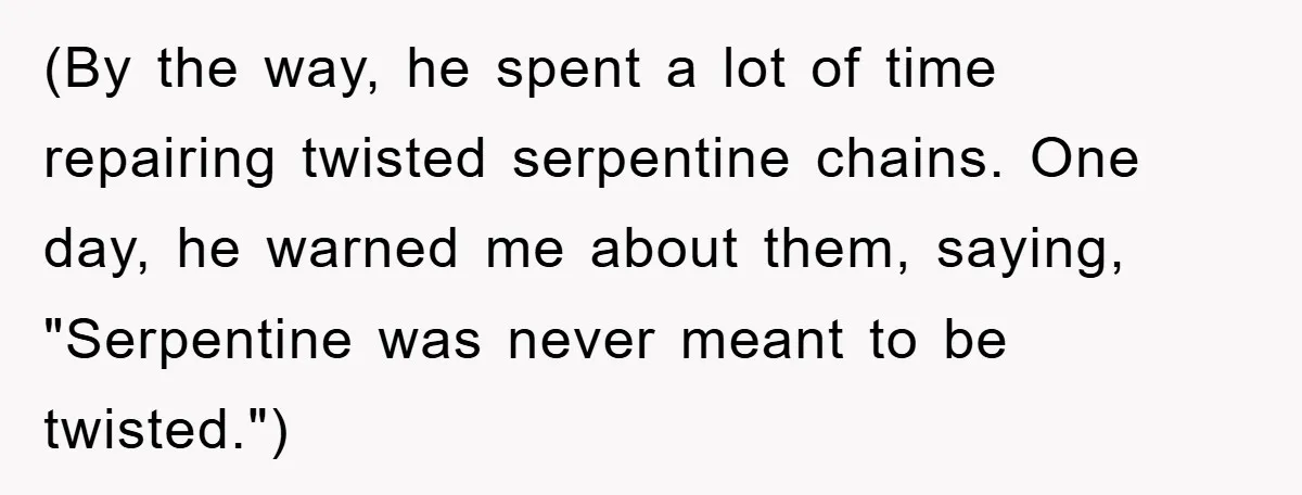 (By the way, he spent a lot of time repairing twisted serpentine chains. One day, he warned me about them, saying, "Serpentine was never meant to be twisted.")