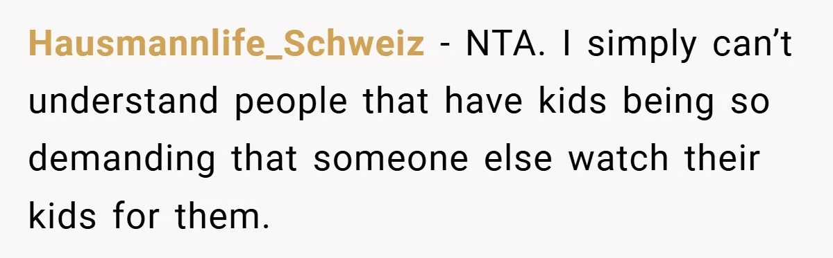 Hausmannlife_Schweiz − NTA. I simply can’t understand people that have kids being so demanding that someone else watch their kids for them.