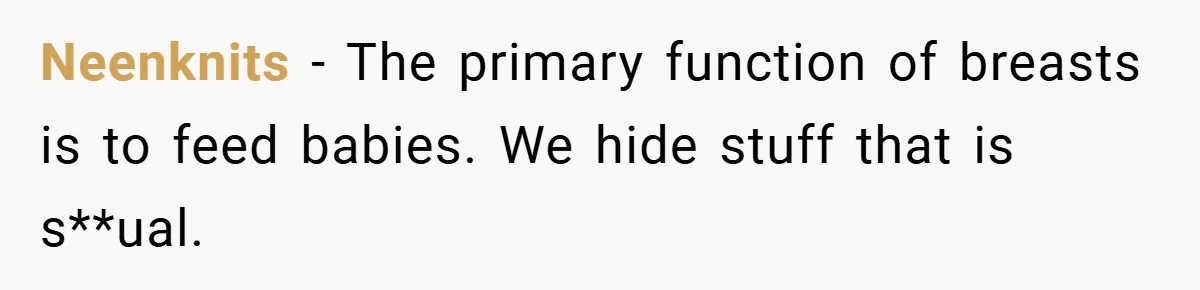 Neenknits − The primary function of breasts is to feed babies. We hide stuff that is s**ual.