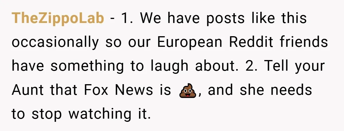 TheZippoLab − 1. We have posts like this occasionally so our European Reddit friends have something to laugh about. 2. Tell your Aunt that Fox News is 💩, and she...