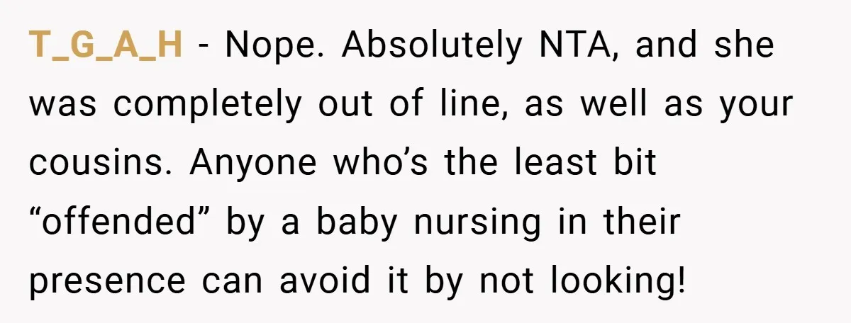 T_G_A_H − Nope. Absolutely NTA, and she was completely out of line, as well as your cousins. Anyone who’s the least bit “offended” by a baby nursing in their presence...