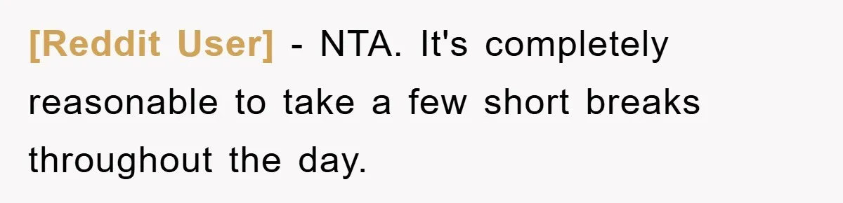 [Reddit User] − NTA. It's completely reasonable to take a few short breaks throughout the day.