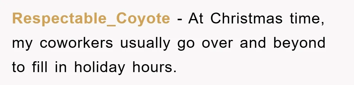 Respectable_Coyote − At Christmas time, my coworkers usually go over and beyond to fill in holiday hours.