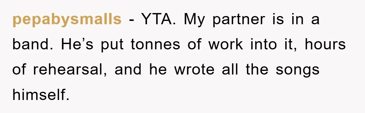 pepabysmalls − YTA. My partner is in a band. He’s put tonnes of work into it, hours of rehearsal, and he wrote all the songs himself.