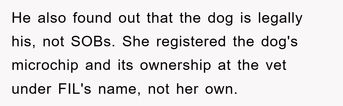 He also found out that the dog is legally his, not SOBs. She registered the dog's microchip and its ownership at the vet under FIL's name, not her own.