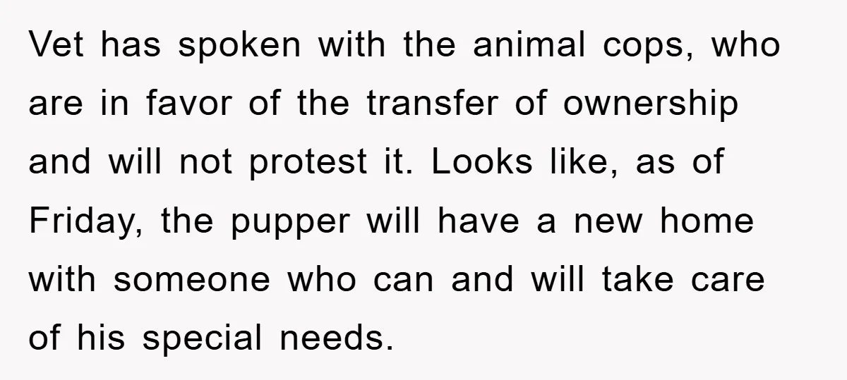 Vet has spoken with the animal cops, who are in favor of the transfer of ownership and will not protest it. Looks like, as of Friday, the pupper will have...