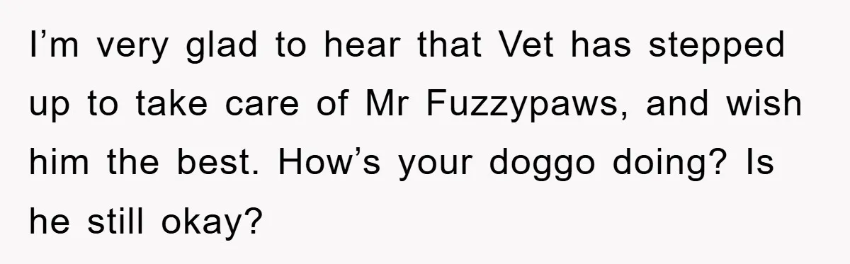I’m very glad to hear that Vet has stepped up to take care of Mr Fuzzypaws, and wish him the best. How’s your doggo doing? Is he still okay?