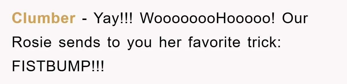 Clumber − Yay!!! WoooooooHooooo! Our Rosie sends to you her favorite trick: FISTBUMP!!!