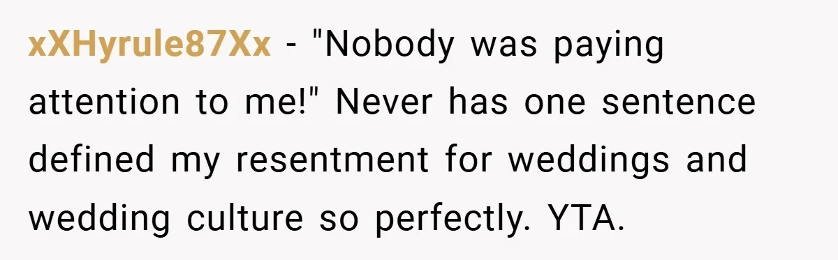 xXHyrule87Xx − "Nobody was paying attention to me!" Never has one sentence defined my resentment for weddings and wedding culture so perfectly. YTA.
