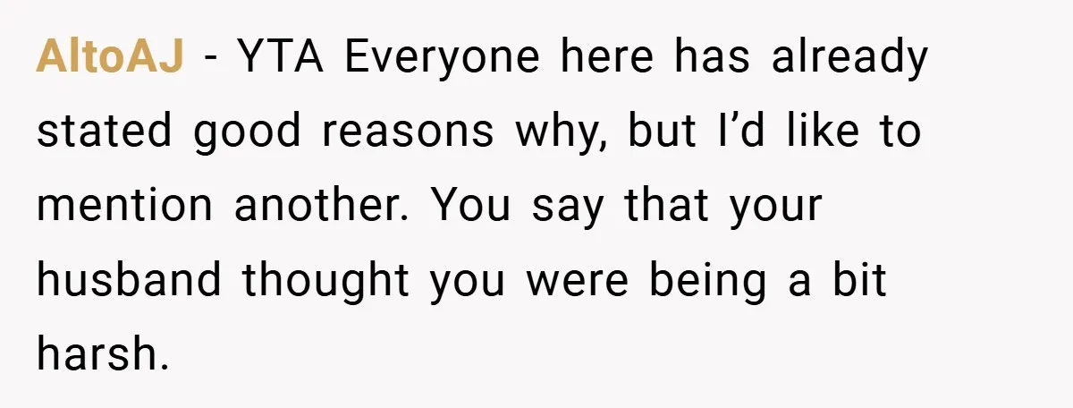 AltoAJ − YTA Everyone here has already stated good reasons why, but I’d like to mention another. You say that your husband thought you were being a bit harsh.