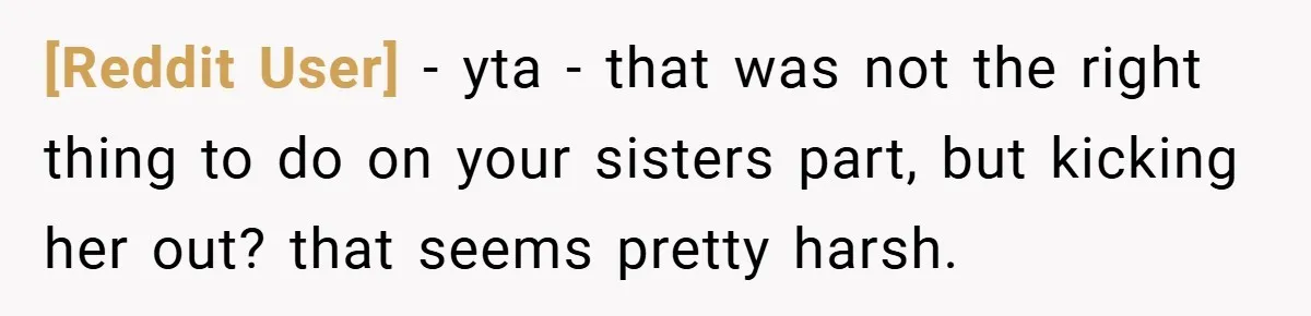 [Reddit User] − yta - that was not the right thing to do on your sisters part, but kicking her out? that seems pretty harsh.