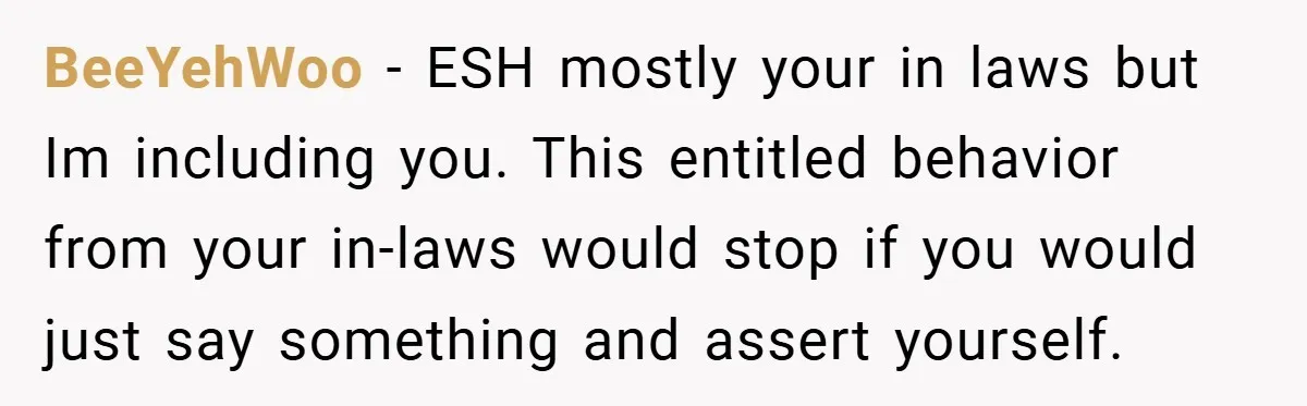 BeeYehWoo − ESH mostly your in laws but Im including you. This entitled behavior from your in-laws would stop if you would just say something and assert yourself.