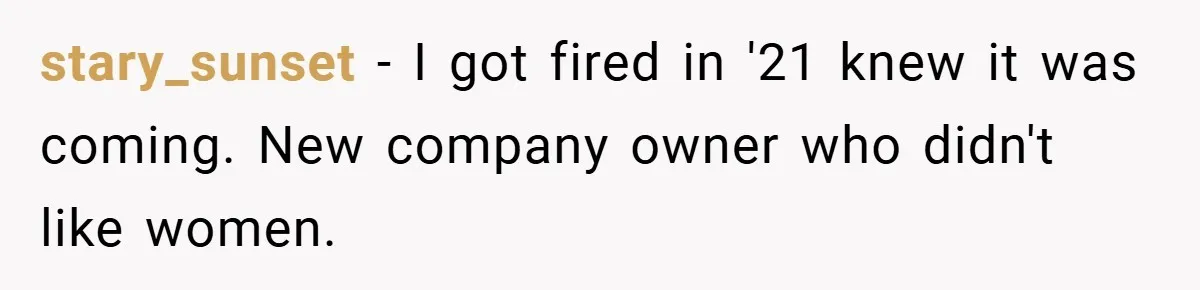 stary_sunset − I got fired in '21 knew it was coming. New company owner who didn't like women.