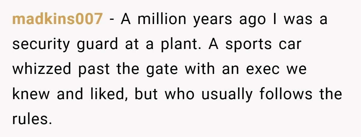 madkins007 − A million years ago I was a security guard at a plant. A sports car whizzed past the gate with an exec we knew and liked, but who...