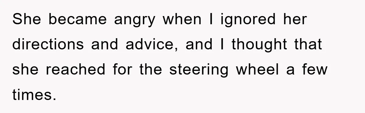 She became angry when I ignored her directions and advice, and I thought that she reached for the steering wheel a few times.