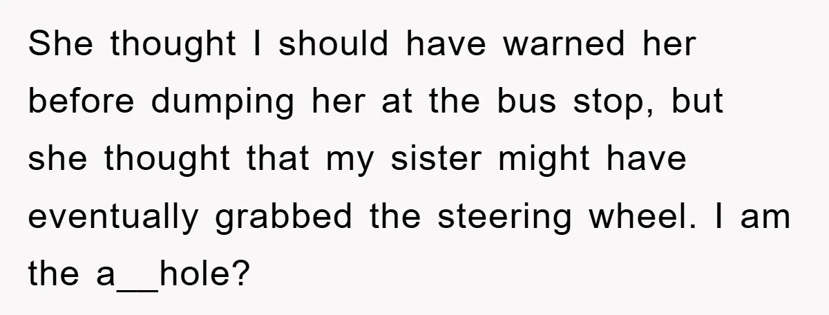 She thought I should have warned her before dumping her at the bus stop, but she thought that my sister might have eventually grabbed the steering wheel. I am the...