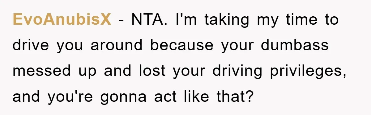 EvoAnubisX − NTA. I'm taking my time to drive you around because your dumbass messed up and lost your driving privileges, and you're gonna act like that?