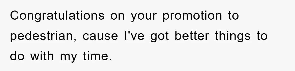 Congratulations on your promotion to pedestrian, cause I've got better things to do with my time.