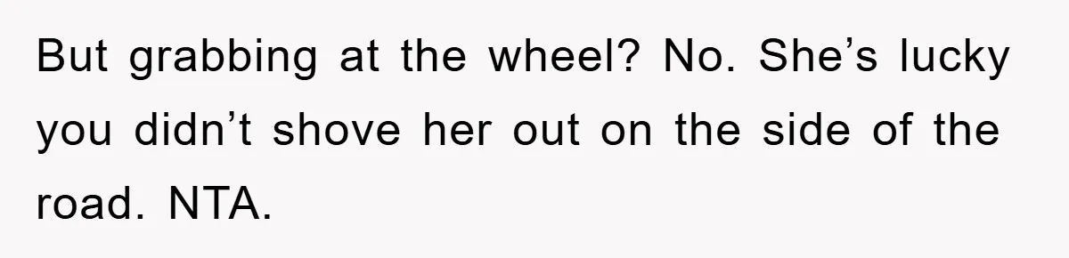 But grabbing at the wheel? No. She’s lucky you didn’t shove her out on the side of the road. NTA.