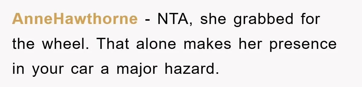 AnneHawthorne − NTA, she grabbed for the wheel. That alone makes her presence in your car a major hazard.