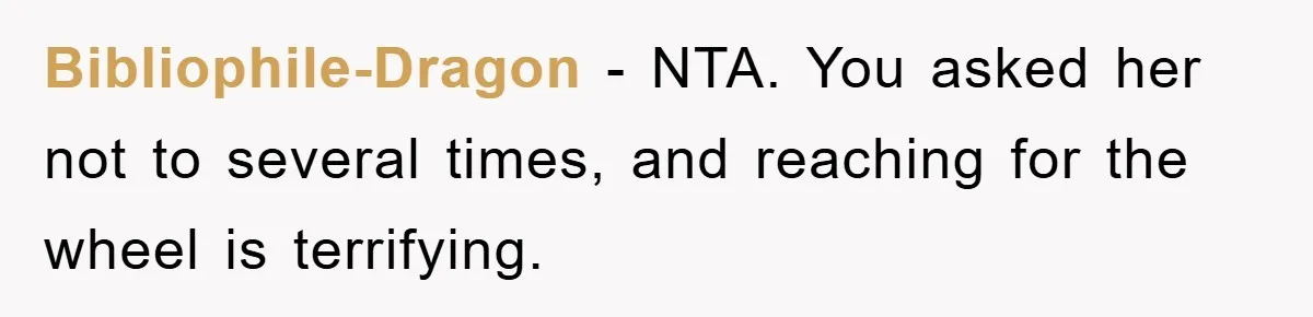 Bibliophile-Dragon − NTA. You asked her not to several times, and reaching for the wheel is terrifying.
