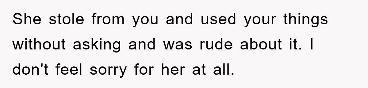 She stole from you and used your things without asking and was rude about it. I don't feel sorry for her at all.