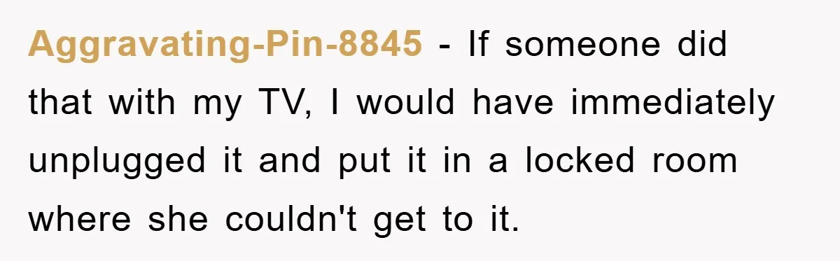 Aggravating-Pin-8845 − If someone did that with my TV, I would have immediately unplugged it and put it in a locked room where she couldn't get to it.
