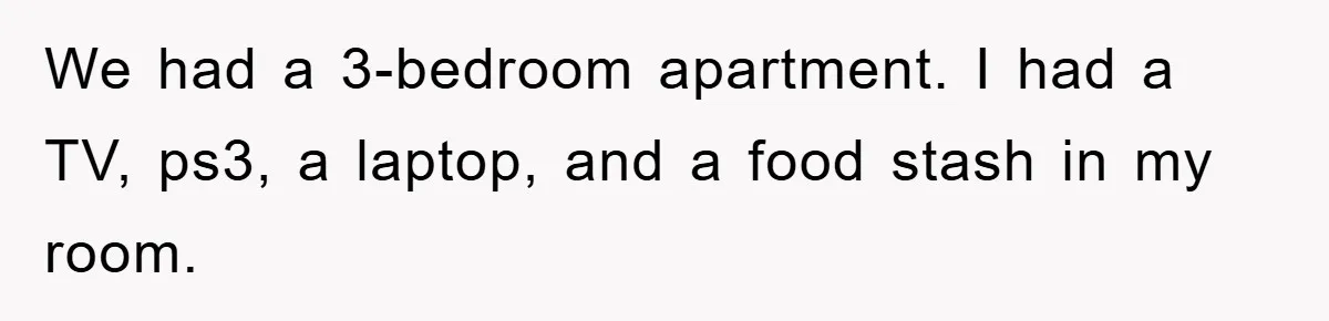 We had a 3-bedroom apartment. I had a TV, ps3, a laptop, and a food stash in my room.