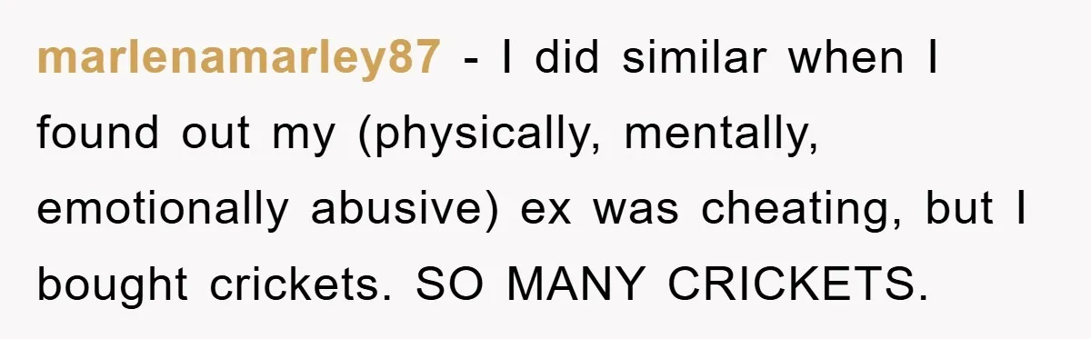 marlenamarley87 − I did similar when I found out my (physically, mentally, emotionally abusive) ex was cheating, but I bought crickets. SO MANY CRICKETS.