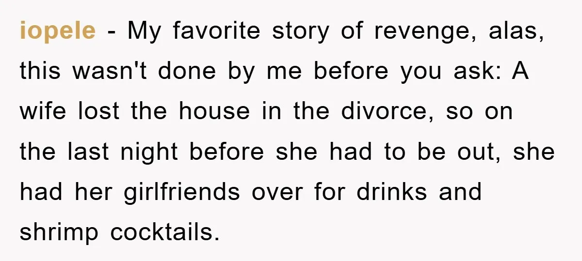 iopele − My favorite story of revenge, alas, this wasn't done by me before you ask: A wife lost the house in the divorce, so on the last night before...