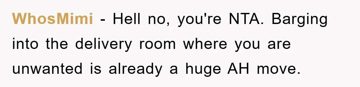 WhosMimi − Hell no, you're NTA. Barging into the delivery room where you are unwanted is already a huge AH move.