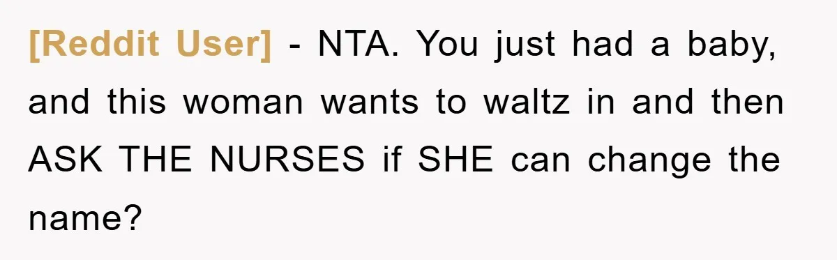 [Reddit User] − NTA. You just had a baby, and this woman wants to waltz in and then ASK THE NURSES if SHE can change the name?