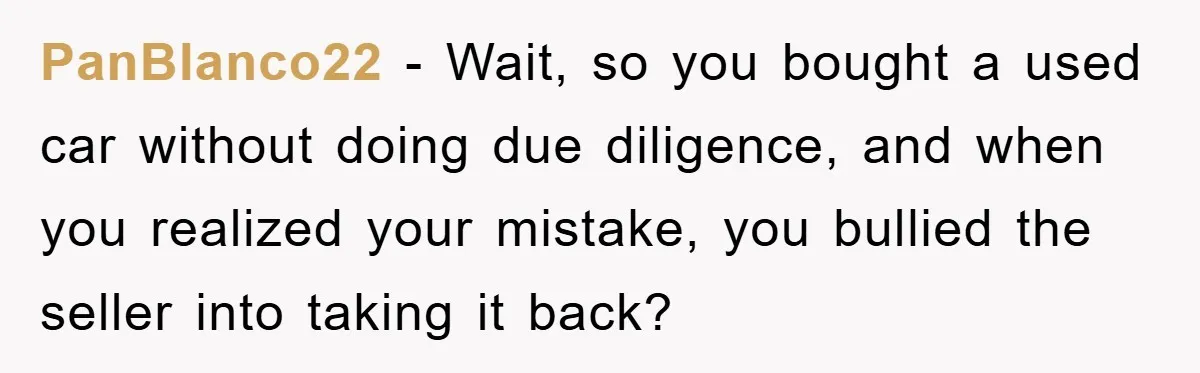 PanBlanco22 − Wait, so you bought a used car without doing due diligence, and when you realized your mistake, you bullied the seller into taking it back?