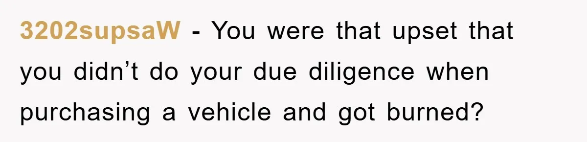 3202supsaW − You were that upset that you didn’t do your due diligence when purchasing a vehicle and got burned?
