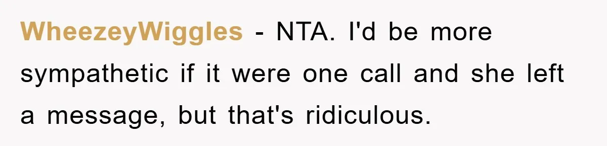 WheezeyWiggles − NTA. I'd be more sympathetic if it were one call and she left a message, but that's ridiculous.