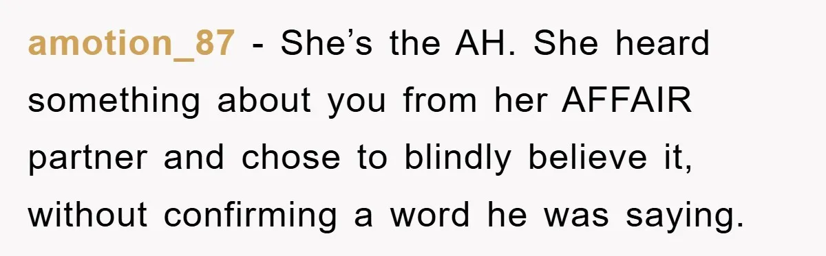 Wife’s Affair Blamed On Manipulation, Husband Won’t Forgive amotion_87 − She’s the AH. She heard something about you from her AFFAIR partner and chose to blindly believe it, without confirming a word he was saying.