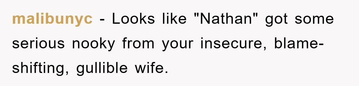 Wife’s Affair Blamed On Manipulation, Husband Won’t Forgive malibunyc − Looks like "Nathan" got some serious nooky from your insecure, blame-shifting, gullible wife.