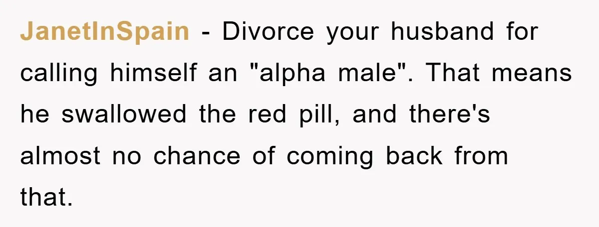 JanetInSpain − Divorce your husband for calling himself an "alpha male". That means he swallowed the red pill, and there's almost no chance of coming back from that.