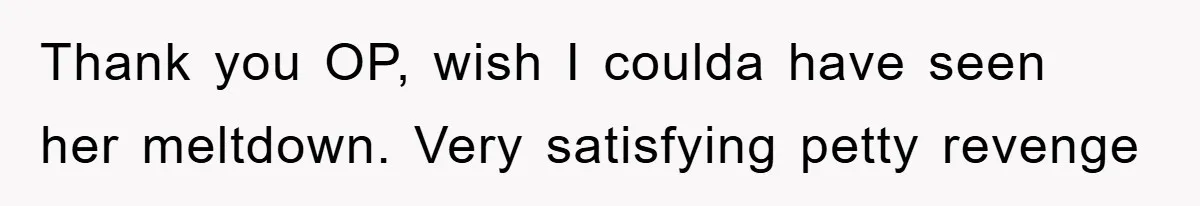 Thank you OP, wish I coulda have seen her meltdown. Very satisfying petty revenge