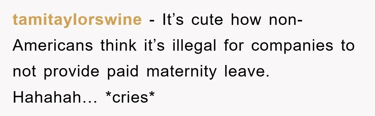 tamitaylorswine − It’s cute how non-Americans think it’s illegal for companies to not provide paid maternity leave. Hahahah… *cries*
