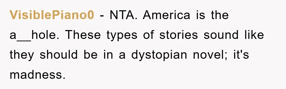 VisiblePiano0 − NTA. America is the a__hole. These types of stories sound like they should be in a dystopian novel; it's madness.