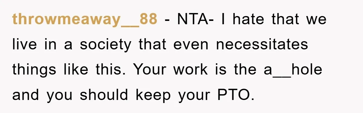 throwmeaway__88 − NTA- I hate that we live in a society that even necessitates things like this. Your work is the a__hole and you should keep your PTO.