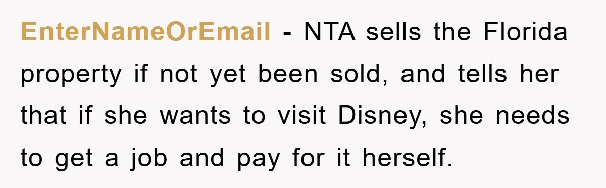 EnterNameOrEmail − NTA sells the Florida property if not yet been sold, and tells her that if she wants to visit Disney, she needs to get a job and pay...